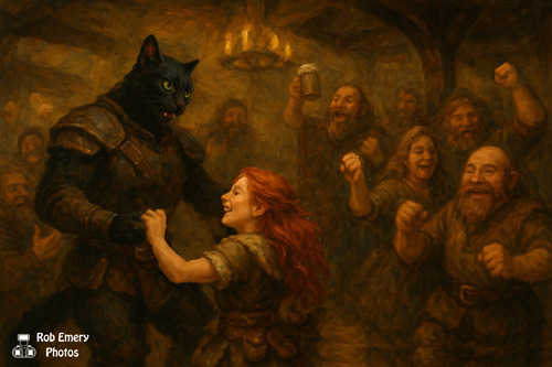 Shadow and Hraefn celebrating their win with a little dancing and drinking